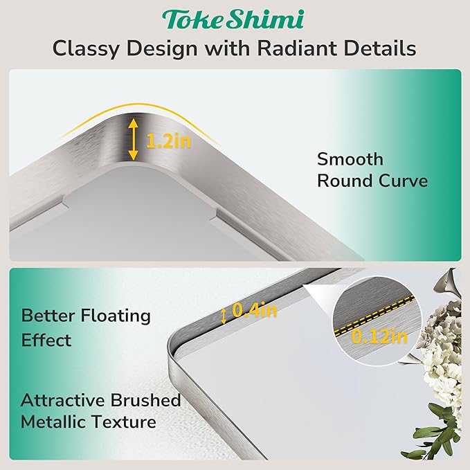 TokeShimi 42x36 Brushed Nickel Bathroom Mirror for Wall,Tempered Glass,Aluminum Framed Bathroom Vanity Mirror for Over Sink(Horizontal/Vertical)