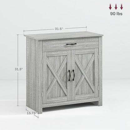 HOMCOM Farmhouse Sideboard Buffet Cabinet, Barn Door Coffee Bar Cabinet with Drawer and Adjustable Shelf, for Living Room, Entryway, Stone Gray