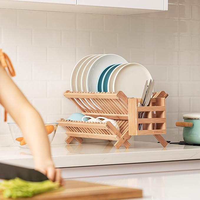 HBlife Dish Rack, Bamboo Folding 2-Tier Collapsible Drainer Dish Drying Rack with Utensils Flatware Holder Set (Dish Rack with Utensil Holder)