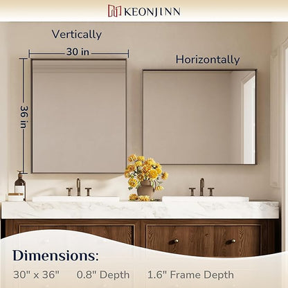 Keonjinn 30 x 36 Inch Brushed Bronze Bathroom Mirror, Metal Framed Rectangular Vanity Mirror for Wall, Square Corner, Modern Farmhouse, Rectangle Bathroom Mirrors for Over Sink(Horizontal/Vertical)