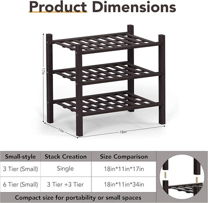 Haddockway small 3 Tier Bamboo Shoe Rack Storage Organizer, Multifunctional Free Standing Stackable Shoe Shelf with Grid Panel for Closet,Hallway,Entryway,Small Space 18"x11"x17"(Brown, 3-Tier(Small))