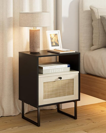 Rattan Nightstand, Boho Night Stand Farmhouse Wood Bedside Table with Storage and Open Shelf, End Side Accent Table for Bedroom,Living Room,Black and Oak