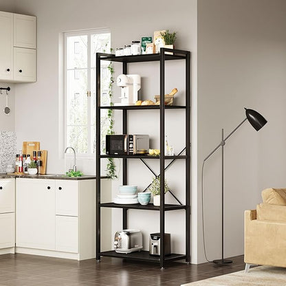 Casaottima Book Shelf, 5 Tier Bookshelf, Modern Wood Bookcase Shelves for Bedroom, Industrial Display Shelf for Living Room Home Office Kitchen, Standing Shelving Unit Storage Organizer, Black