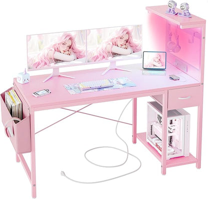 TIQLAB Gaming Desk 47 inch with Power Outlet and LED Light, Computer Desk with Reversible Shelves and Storage Drawer, Small PC Desk for Home Office Table with Bag, Carbon Fiber Pink