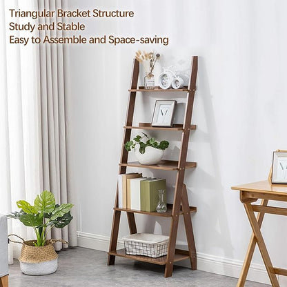 DOUSY-5-Tier Ladder Shelf Bookcase, Bamboo Ladder Bookshelf Leaning Book Shelf, Freestanding Storage Shelf Boho for Living Room, Home Office, Bedroom, Balcony, Walnut