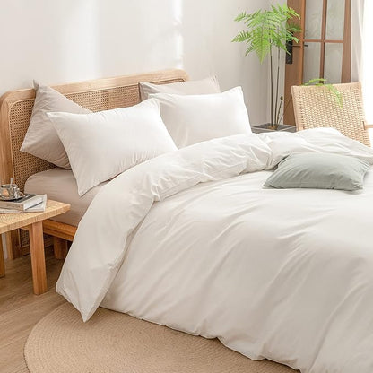 BESTOUCH Duvet Cover Set 100% Washed Cotton Linen Feel Super Soft Comfortable Chic Lightweight 3 PCs Home Bedding Set Solid Off White Super Queen
