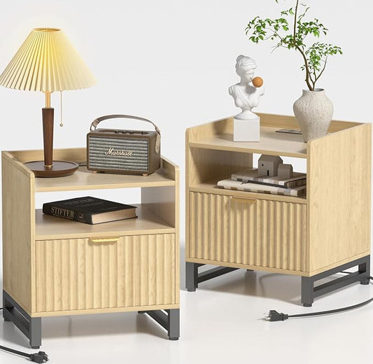 Fluted Night Stand Set 2 with Charging Station, Wood Nightstand with Large Drawer and Open Storage Cabinet, Mid-Century Modern Bedside Table End Table for Bedroom Closet Office