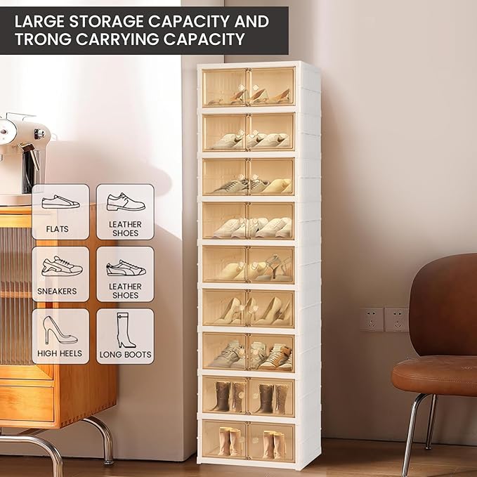 Foldable Shoe Organizer Storage Box, Portable Extra Large Folding Shoe Rack for Closet, Shoe Storage Box with Magnetic Transparent Door and Wheels, 9 Layers 18 Grids for 2 PCS