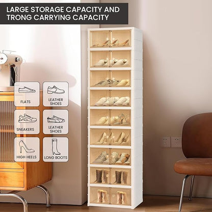 Foldable Shoe Organizer Storage Box, Portable Extra Large Folding Shoe Rack for Closet, Shoe Storage Box with Magnetic Transparent Door and Wheels, 9 Layers 18 Grids for 2 PCS