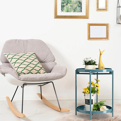 TeoKJ 2 Tier Round Side Table, Folding Round Metal End Table Small Nightstand with Two Removable Tray for Bedroom Living Room Bedside Small Spaces Blue Gray
