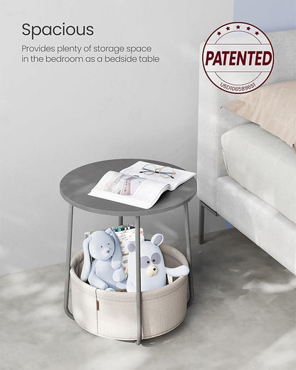 VASAGLE Small Round Side End Table, Modern Nightstand with Fabric Basket, Cement Gray and Cream White ULET223G49
