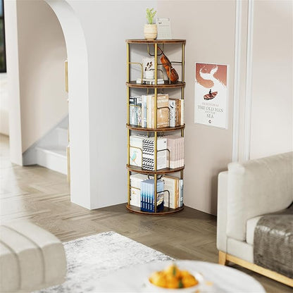 Rotating Bookshelf, 4 Tier Spinning Bookshelf Tower, 360° Display Unique Round Bookcase, Floor Standing Corner Revolving Bookshelf Storage Organizer for Small Spaces, Home Study Office, Gold