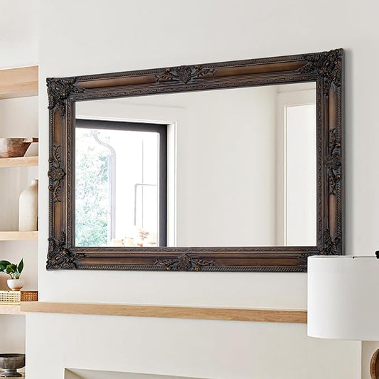 Antique Decorative Mirror, 37.4''x25.6''Vintage Mirror with Ornate Bronze Wood Frame, Decorative Wall Mirrors for Entryway, Living Room, Bathroom