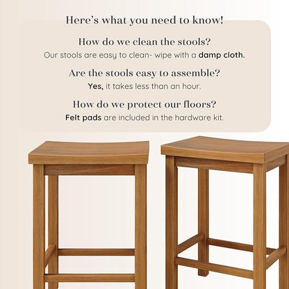 Grain & Grove Smith Collection Solid Wood Counter Height Bar Stool, 24-Inch Saddle Seat Backless Stool, Ideal for Kitchen Island, Dining, or Home Bar Seating, Pecan