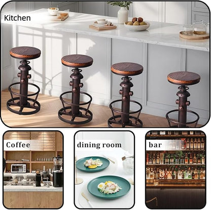 Vintage Swivel Bar Stool Industrial Coffee Kitchen Dining Chair Fire Hydrant Design Height Adjustable 24.8-30.7inch Solid Wooden Seat