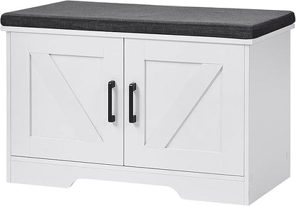 2-Tier Storage Bench, Shoe Bench with Padded Seat Cushion, Entryway Bench with 2 Barn Doors, Adjustable Shelf, 13.8" D x 27.6" W x 17.7" H, for Entryway, Living Room, Bedroom, White