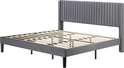 Allewie King Size Velvet Bed Frame/Vertical Channel Tufted Wingback Headboard/Upholstered Platform Bed/No Box Spring Needed/Strong Wooden Slats/Easy Assembly/Grey