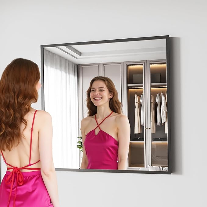 Koonmi Bathroom Mirror 30x30 Black Bathroom Wall-Mounted Mirrors, Modern Vanity Mirror for Bedroom, Living Room, Aluminum Alloy Frame Allow to Hang Horizontally or Vertically