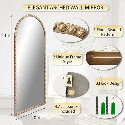 Large Arched Mirror, 20"x53" Gold Arch Floor Mirrors for Dressing, Metal Beaded Frame Decorative Accent Mirror, Ornate Vintage Mirrors for Living Room Bedroom Bathroom Entryway