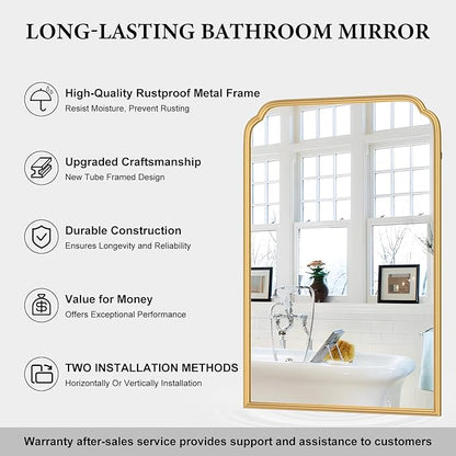 24X36 Inch Gold Mirror for Bathroom, Modern Rounded Corner Rectangle Mirror with Non-Rusting Iron Metal Framed Bathroom Vanity Mirror for Over Sink Wall Decor(Tempered Glass)