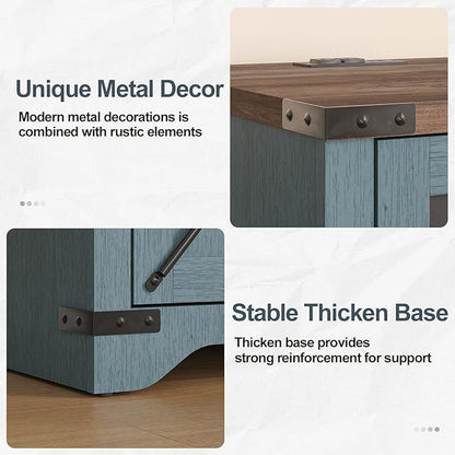 Farmhouse End Table Set of 2 with Charging Station, 26.4" Tall Rustic Nightstand with Drawer and X Barn Door, Country Bedside Sofa Side Table for Living Room, Blue
