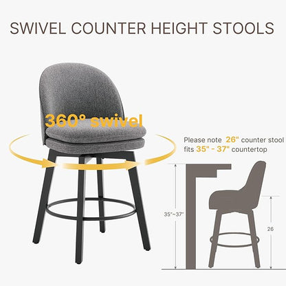Counter Height Barstools 26 inch Upholstered Swivel Bar Stools with Back and Wood Legs for Kitchen Island,Set of 4,Dark Grey Fabric-Armless