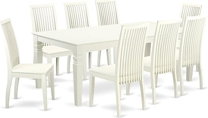 East West Furniture LGIP9-LWH-W 9 Piece Dining Table Set Includes a Rectangle Dining Room Table with Butterfly Leaf and 8 Wooden Seat Chairs, 42x84 Inch, Linen White