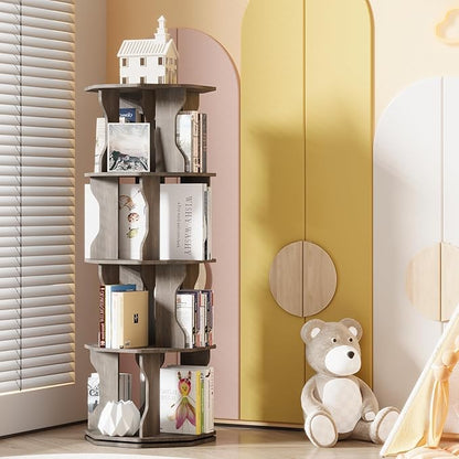 4 Tier Rotating Bookshelf, Spinning Bookshelf Tower Lazy Susan, Corner Revolving Storage Rack for Bedroom, Study Room, Kids Room, Living Room, Office, Gray