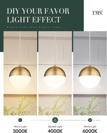 LMS Mid Century Pendant Lights, Brushed Gold Kitchen Island Light Fixtures with White Globe Glass Shade, Adjustable Hanging Cord, 2-Pack for Home Office Dining Room Bathroom, LMS-186PL-BGWS2PK