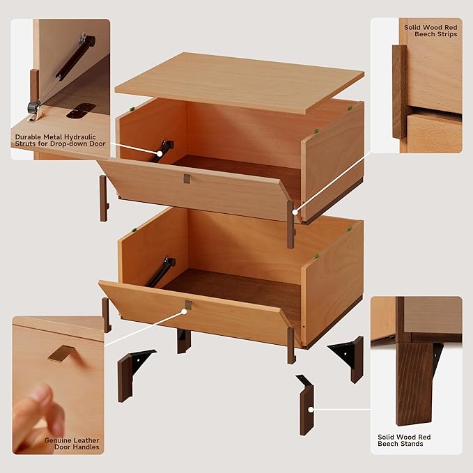 Sebastack Night Stand, Customizable 2 Drawers Bedside Table, End Table, Side Table for Bedroom, Dormitory, Mid-Century Style Wood Chest of Furnitures, Beech and Walnut Color Combo