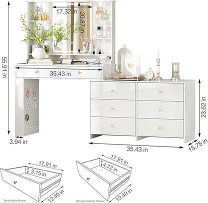 Makeup Vanity Desk with Mirror and Lights, Vanity Desk with 8 Drawers & Storage Shelves, Vanity Table with Power Outlet, 3 Color Modes & Adjustable Brightness Dressing Table, Bedroom,White2