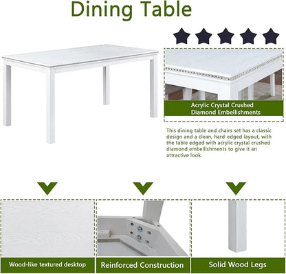 soges 6 Piece Wooden Dining Table Set, Dining Room Table with 4 Upholstered Chairs and Bench, Rectangular 6-Person Kitchen Dining Table Set with Crystal Decoration, White