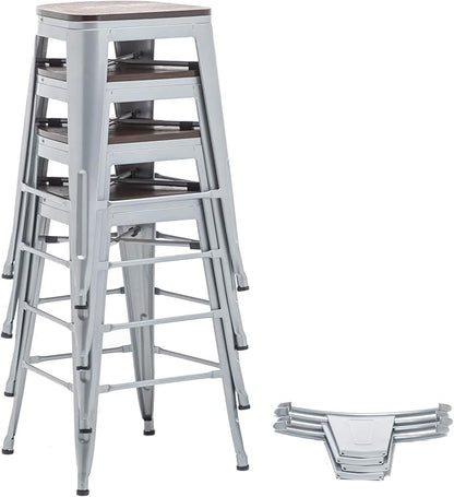 Yongqiang 30 inch Bar Stools Set of 4 Farmhouse Bar Height Stools High Back Kitchen Bar Chairs Silver Metal Barstools with Wooden Seat…