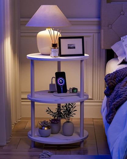 Small Round End Table - 3 Tier Design Accent Table, Narrow Side or Bedside Stand, Industrial Vintage Table for Small Spaces, Built-in USB Ports and Power Outlet, Marble White