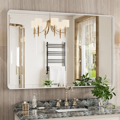 White Bathroom Mirror 48x32 Inch, White Metal Framed Bathroom Mirror for Wall, Rounded Rectangle Matte Bathroom Vanity Mirror, Tempered Glass, Anti-Rust, Horizontal/Vertical