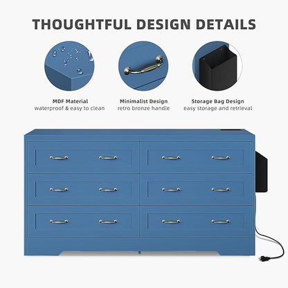 YITAHOME Drawers TV Stand for 65 inches with Power Outlets -Chest of Drawers Dresser with Side Organizer Bag Entertainment Center TV Console, Blue