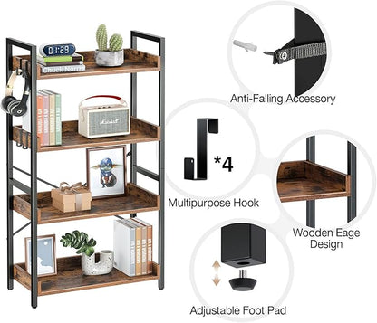 Rolanstar Bookshelf 4 Tier with 4 Hooks, Industrial Bookcase, Vintage Storage Rack with Open Shelves, Rustic Standing Bookshelves Metal Frame Display Rack for Living Room, Bedroom, Rustic Brown