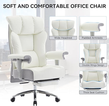 Efomao Big and Tall Office Chair 450LBS with Foot Rest, High Back PU Leather Executive Office Chair with Adjustable Padded Armrests, Lumbar Support for Home or Work, Heavy Duty Computer Chair, White
