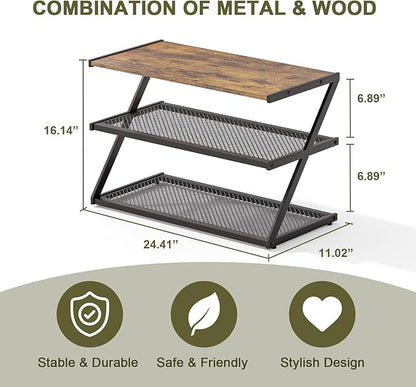 Z-Frame Shoe Rack with Wooden Top & Metal Mesh Shelves - Space-Saving Storage for Hallway, Living Room, Closet & Bedroom (24.41" x 11.02" x 16.14")