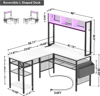 Unikito L Shaped Computer Desk with LED Strip and Power Outlets, Storage Shelves and Bag, Industrial Reversible Gaming Table Writing Corner Desk for Home Office Workstation, White