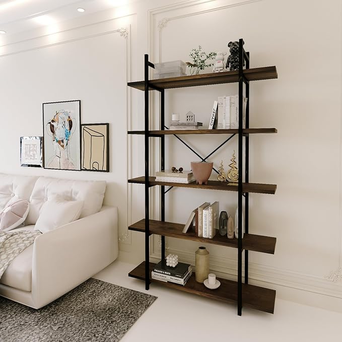 5 Tiers Bookshelf Organizer Industrial Shelf,Modern Open Display Storage Bookcase,Rustic Brown and Metal Bookshelf Standing Storage Shelf Tall Shelving Units for Home Office Study.