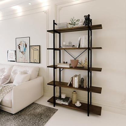 5 Tiers Bookshelf Organizer Industrial Shelf,Modern Open Display Storage Bookcase,Rustic Brown and Metal Bookshelf Standing Storage Shelf Tall Shelving Units for Home Office Study.