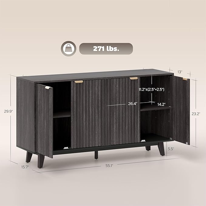 HOMCOM Fluted Sideboard Buffet Cabinet, 55" Modern Accent Console Cabinet with 4 Doors, 2 Adjustable Shelves and 5 Wood Legs, Distressed Gray