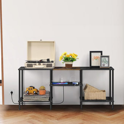 Small TV Stand with Power Outlet, Industrial TV Media Console with Storage Black Wood Entertainment Center up to 50 inch TV for Living Room, Bedroom, Kids Room