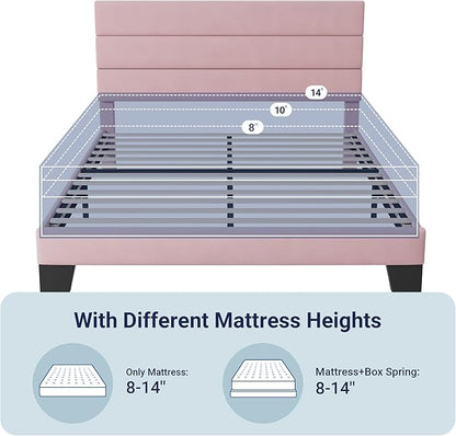 Allewie Full Size Platform Bed Frame with Velvet Upholstered Headboard and Wooden Slats Support, Fully Upholstered Mattress Foundation/No Box Spring Needed/Easy Assembly, Pink