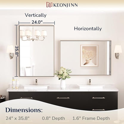 Keonjinn 24 x 36 In Brushed Nickel Bathroom Mirror, Rectangular Metal Framed Wall Vanity Mirror for Over Sink Square Corner Aluminum Alloy Modern Farmhouse Rectangle Silver Mirror(Horizontal/Vertical)