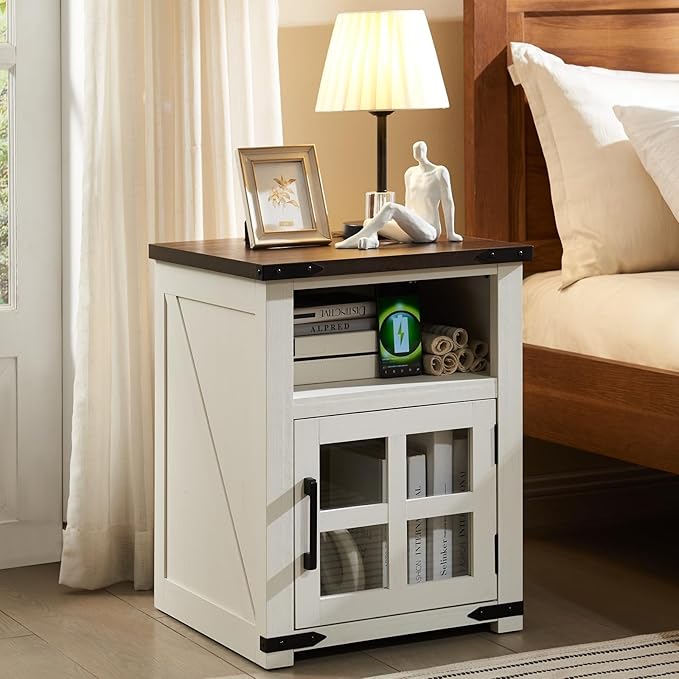 Farmhouse Nightstand with Charging Station, Rustic End Table with Tempered Glass Barn Door, Wood Sofa Side Bedside Table with Open Storage Shelf for Living Room, Bedroom, White