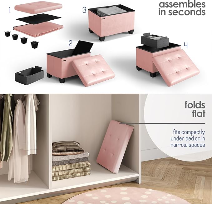 STORAGEBUD Storage Ottoman Cube with Small Bin, 16-in Square Ottoman with Storage for Living Room and Bedroom, Small Ottomans Foot Rest, Faux Leather Foot Stools Ottomans Max 330lbs, Pink