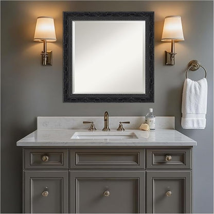Amanti Art Bathroom Mirror for Over Sink, 25x25 Filigree Gloss Black Square Vanity Mirror, Medium Traditional Frame, Hangs Horizonally and Vertically, Bathroom Wall Decor, Beveled Edge