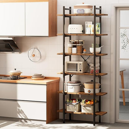 6 Tiers Bookshelf Organizer Industrial Shelf,Modern Open Display Storage Bookcase,Rustic Brown and Metal Bookshelf Standing Storage Shelf Tall Shelving Units for Home Office Study